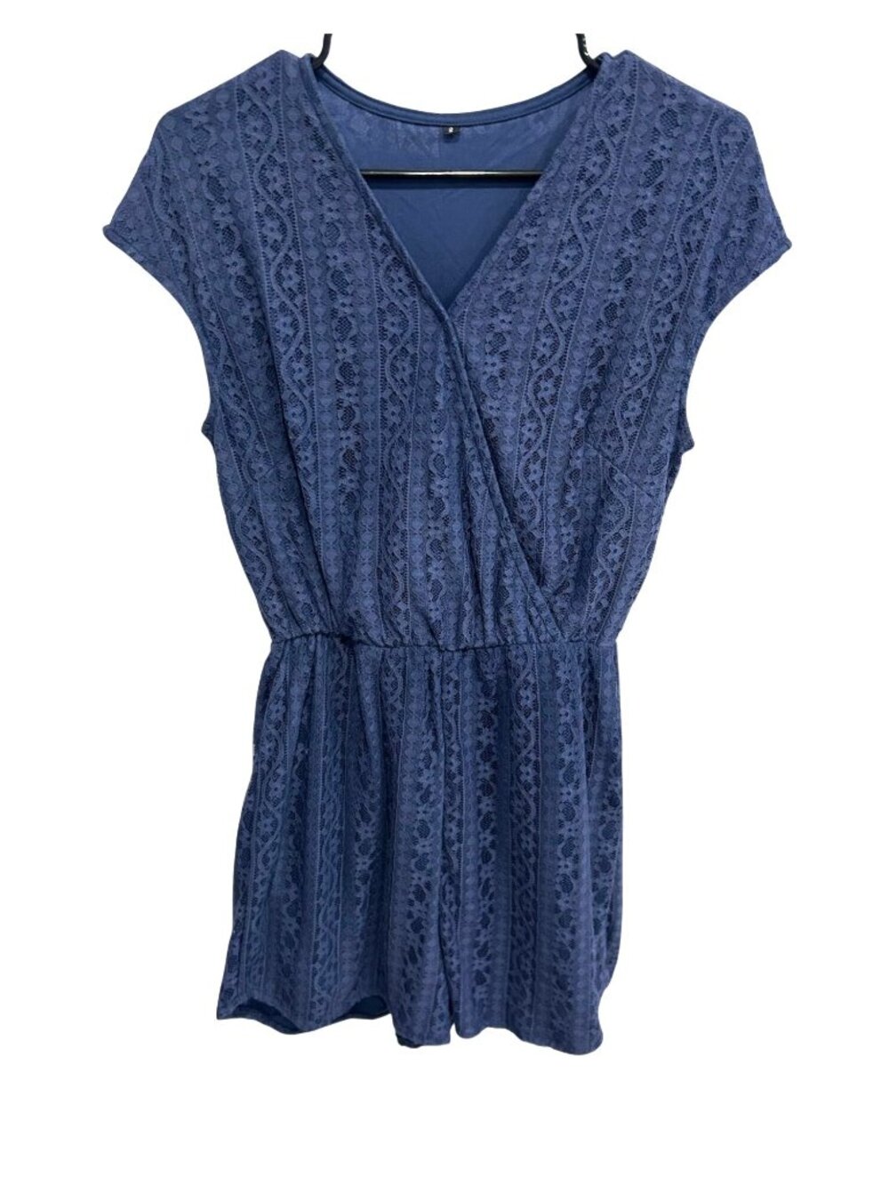 Small Navy Blue Lace Overlay Romper Elastic Waist Cap Sleeves Ethereal Coquette